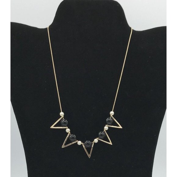 Gold Tone Triangle V Necklace with Black Beads and Faux Pearls 16 to 19 Inches - Picture 2 of 3